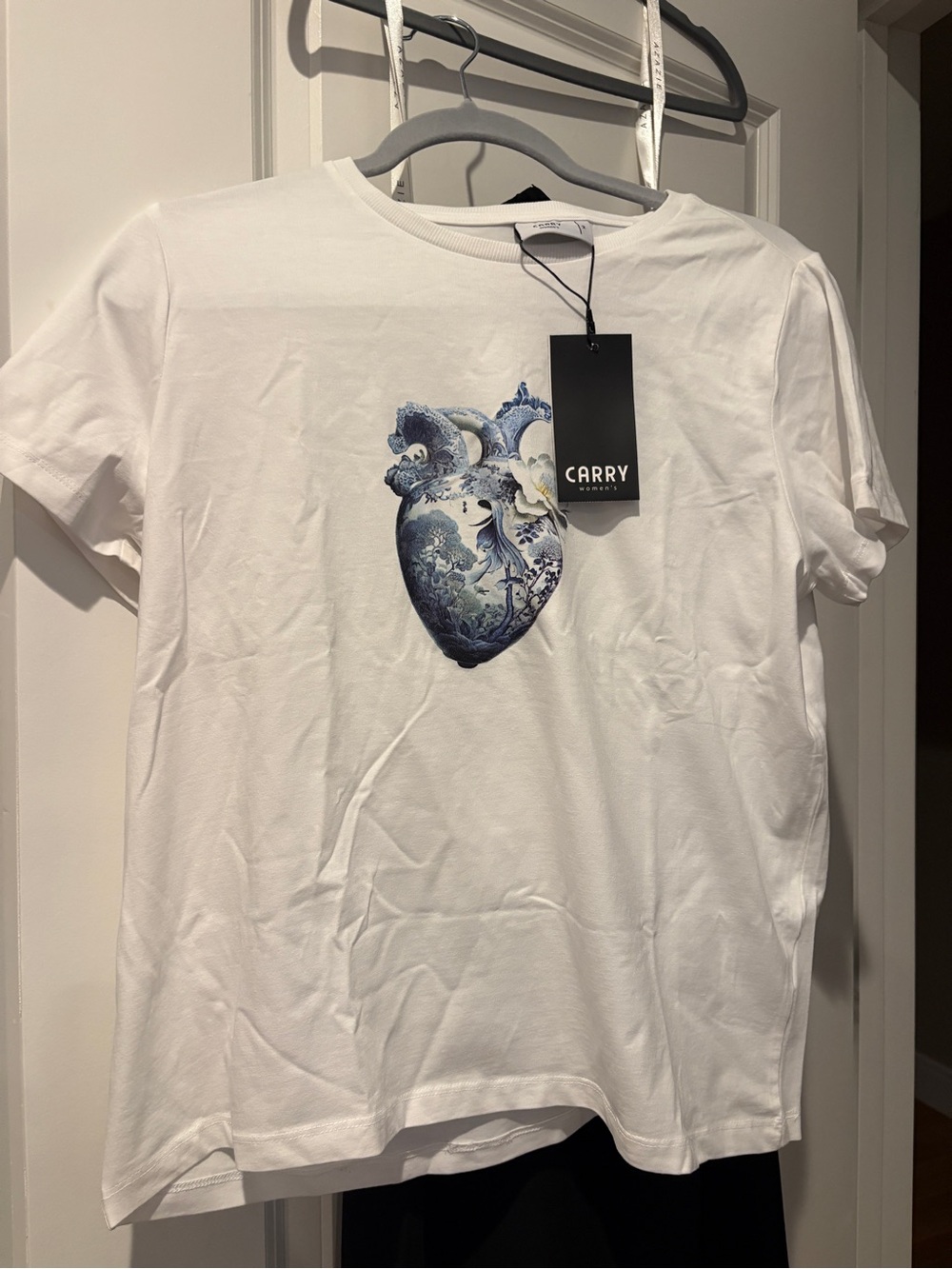 White Short-Sleeve Tee with Blue Heart Graphic